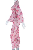 Pink Sexy Casual Print Fold Square Collar Long Sleeve Dresses