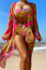Pink Sexy Print Cardigan Swimsuit Three Piece Set (With Paddings)