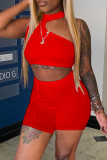 Red Sexy Casual Solid Hollowed Out Half A Turtleneck Sleeveless Two Pieces