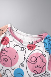 Deep Blue Casual Print Patchwork O Neck Short Sleeve Two Pieces