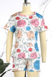 Deep Blue Casual Print Patchwork O Neck Short Sleeve Two Pieces