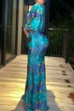 Peacock Blue Sexy Print Frenulum V Neck Long Sleeve Two Pieces