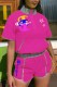 Pink Casual Print Patchwork Letter Zipper Collar Short Sleeve Two Pieces