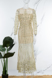 Apricot Elegant Solid Mesh Hot Drill O Neck Trumpet Mermaid Dresses