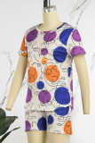Deep Blue Casual Print Patchwork O Neck Short Sleeve Two Pieces