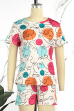 Deep Blue Casual Print Patchwork O Neck Short Sleeve Two Pieces