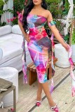 Rose Red Sexy Casual Print Backless Strapless Wrapped Skirt Dresses