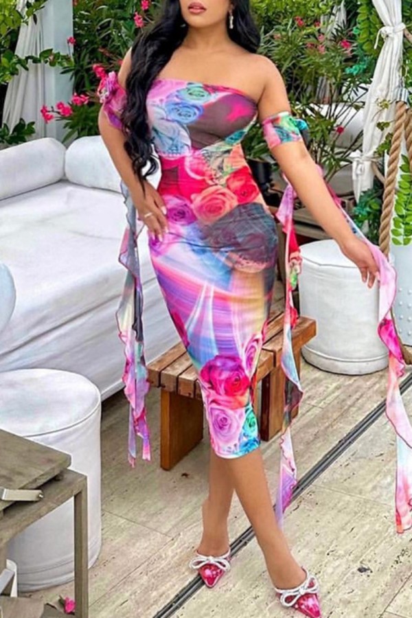 Rose Red Sexy Casual Print Backless Strapless Wrapped Skirt Dresses