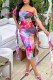 Rose Red Sexy Casual Print Backless Strapless Wrapped Skirt Dresses
