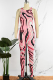 Rose Red Casual Print Basic O Neck Skinny Jumpsuits