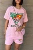 Pink Street Print Letter O Neck Short Sleeve Two Pieces