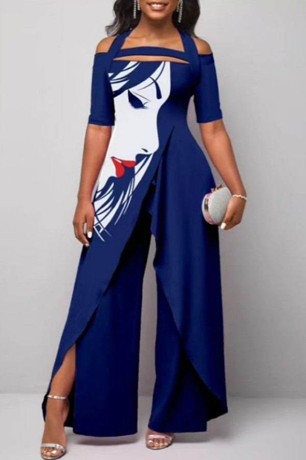 Deep Blue Casual Print Patchwork Off the Shoulder Regular Jumpsuits
