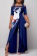 Deep Blue Casual Print Patchwork Off the Shoulder Regular Jumpsuits