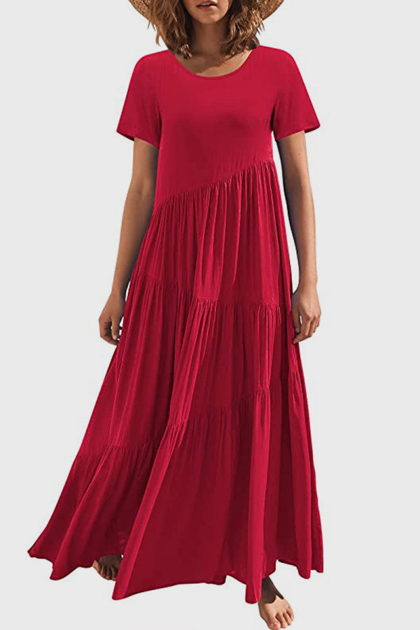 Red Casual Solid Patchwork O Neck Short Sleeve Dress Dresses