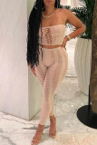 Khaki Sexy Solid Hollowed Out Patchwork See-through Strapless Sleeveless Two Pieces
