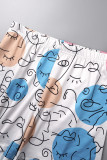 Deep Blue Casual Print Patchwork O Neck Short Sleeve Two Pieces