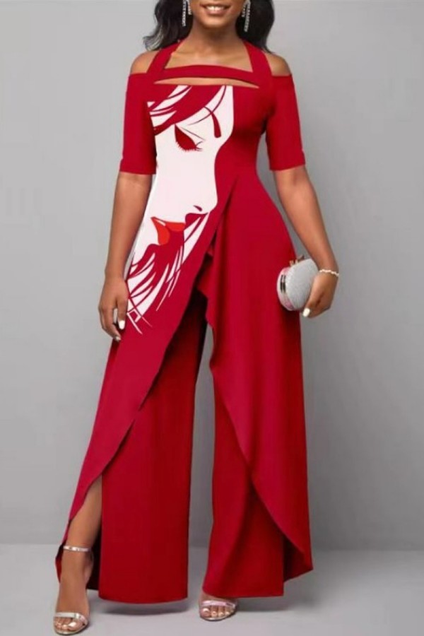 Red Casual Print Patchwork Off the Shoulder Regular Jumpsuits