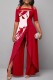 Red Casual Print Patchwork Off the Shoulder Regular Jumpsuits