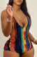 Multicolor Street Print Patchwork Frenulum Backless Halter Regular Rompers
