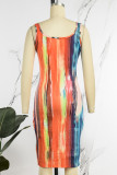 Orange Elegant Tie Dye Patchwork U Neck One Step Skirt Dresses