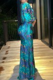 Peacock Blue Sexy Print Frenulum V Neck Long Sleeve Two Pieces