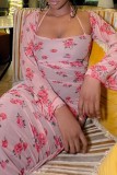 Pink Sexy Casual Print Fold Square Collar Long Sleeve Dresses