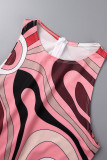 Rose Red Casual Print Basic O Neck Skinny Jumpsuits
