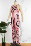 Rose Red Casual Print Basic O Neck Skinny Jumpsuits