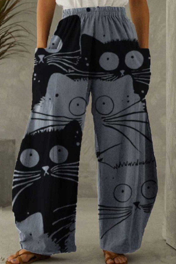 Grey Casual Print Patchwork Pocket Regular High Waist Conventional Full Print Trousers