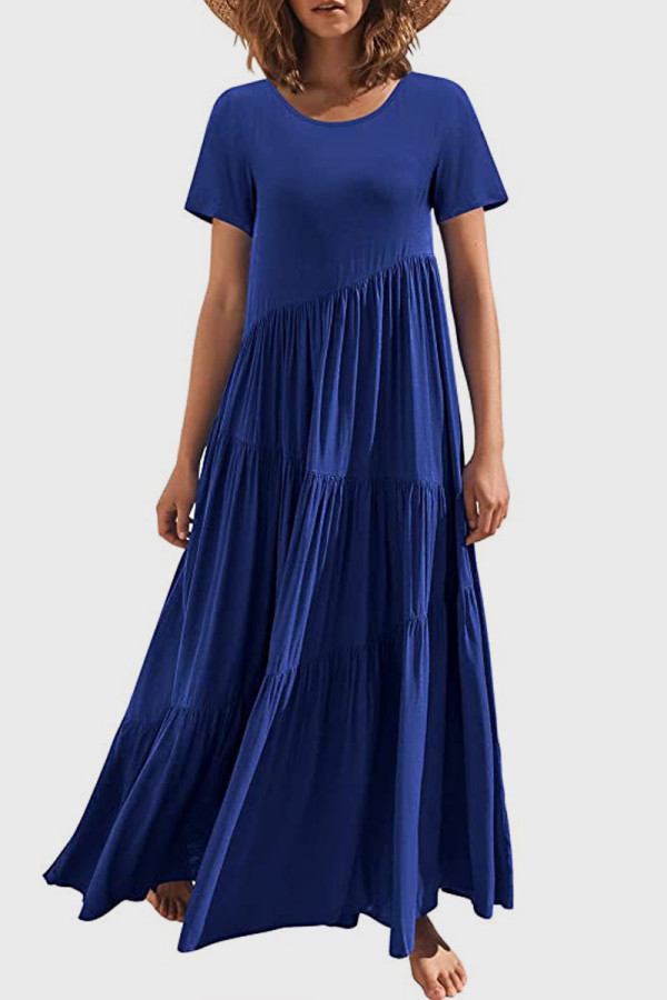 Royal Blue Casual Solid Patchwork O Neck Short Sleeve Dress Dresses
