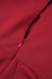 Red Elegant Solid Patchwork Flounce Asymmetrical Oblique Collar One Step Skirt Dresses