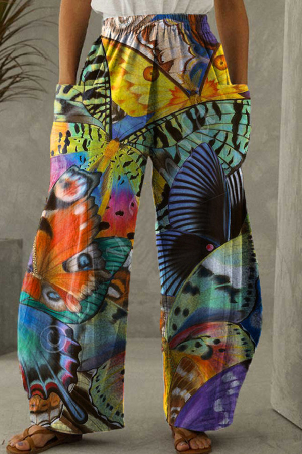 Multicolor Casual Print Patchwork Pocket Regular High Waist Conventional Full Print Trousers