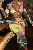 Multicolor Sexy Casual Print Frenulum V Neck Long Sleeve Two Pieces