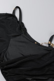 Black Sexy Solid Patchwork Backless Slit Spaghetti Strap Long Sleeve Dresses