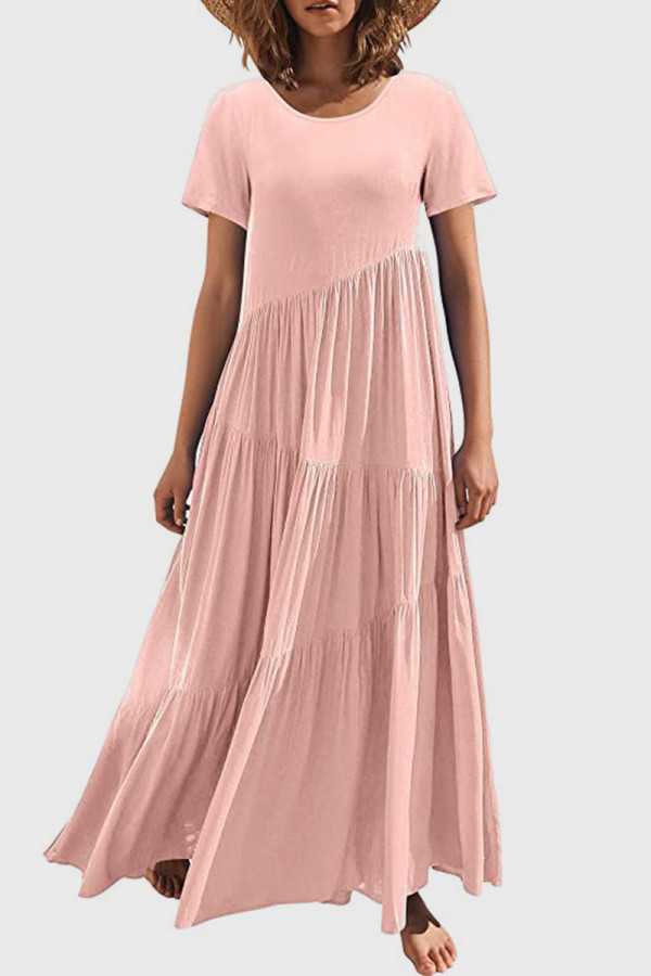 Pink Casual Solid Patchwork O Neck Short Sleeve Dress Dresses