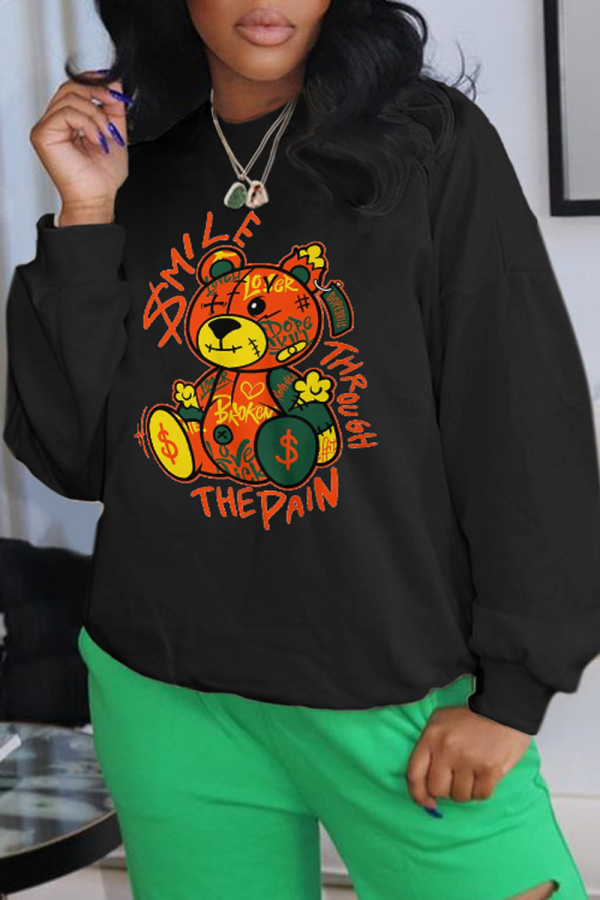 Black Casual Daily Print Patchwork O Neck Tops