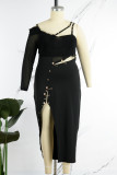 Black Sexy Solid Patchwork Backless Slit Spaghetti Strap Long Sleeve Dresses