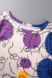 Deep Blue Casual Print Patchwork O Neck Short Sleeve Two Pieces