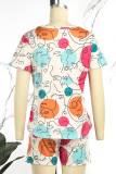 Deep Blue Casual Print Patchwork O Neck Short Sleeve Two Pieces