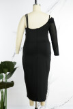 Black Sexy Solid Patchwork Backless Slit Spaghetti Strap Long Sleeve Dresses