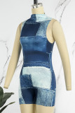 Blue Casual Print Patchwork Turtleneck Skinny Rompers