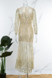 Apricot Elegant Solid Mesh Hot Drill O Neck Trumpet Mermaid Dresses