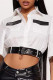 White Street Solid Pocket Buttons Contrast Shirt Collar High Waist Tops(With Belt)