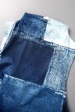 Blue Casual Print Patchwork Turtleneck Skinny Rompers