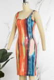 Orange Elegant Tie Dye Patchwork U Neck One Step Skirt Dresses