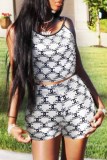 White Street Print Letter Spaghetti Strap Sleeveless Two Pieces