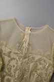 Apricot Elegant Solid Mesh Hot Drill O Neck Trumpet Mermaid Dresses