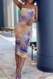 Purple Yellow Sexy Print Backless Spaghetti Strap Sleeveless Dress Dresses
