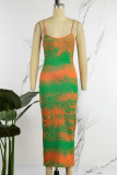 Apricot Sexy Casual Print Backless Spaghetti Strap Long Dress Dresses
