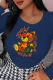 Navy Blue Street Cute Print Patchwork O Neck Tops